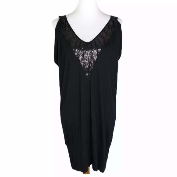Y2K EXPRESS Cold Shoulder Dress Black Sequins NWT Sz M - Picture 1 of 12